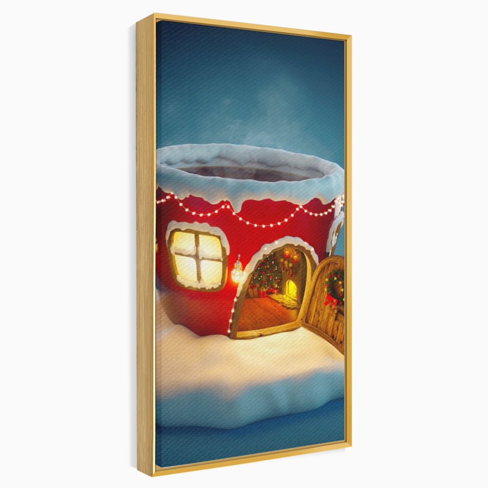 Tablou canvas cu ilustratie cana rosie cu casa de craciun, in rama de aluminiu auriu